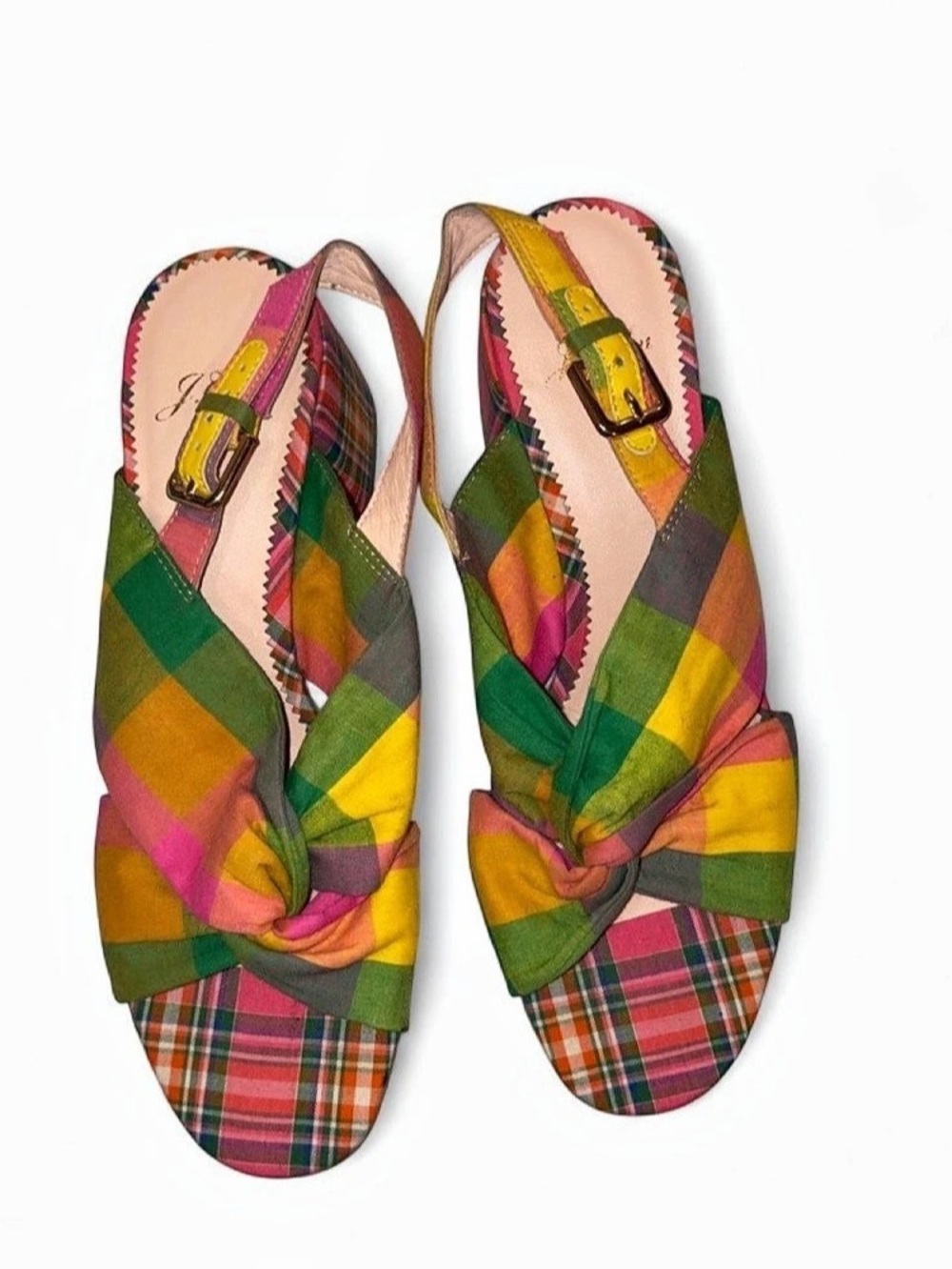 J.Crew Twisted-Knot Penny Sandals in a colorful plaid print
